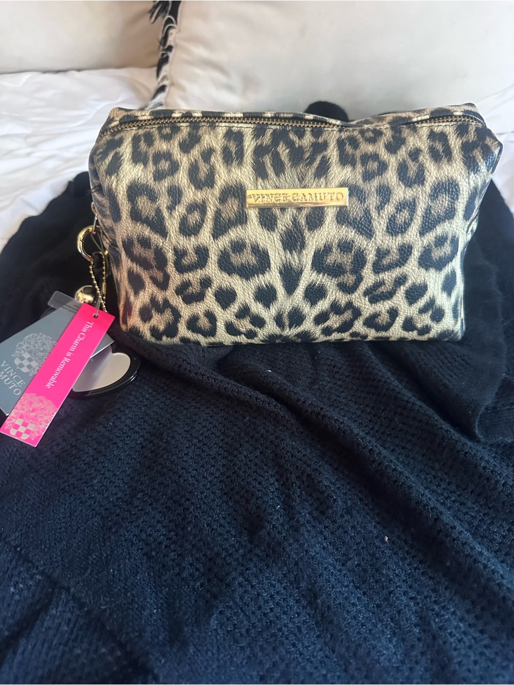Vince Camuto Gold and Black Leopard Print Cosmetic Pouch